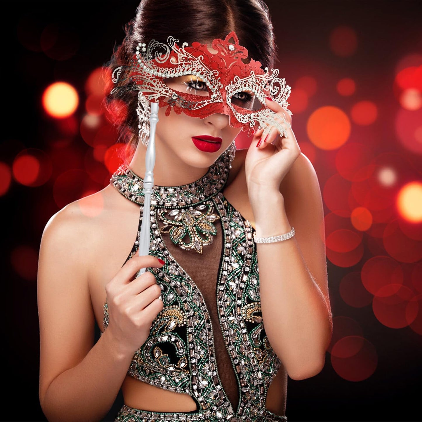 Coddsmz Masquerade Mask with Stick Venetian Mask Mardi Gras Decorations for Womens Halloween Costume Mask