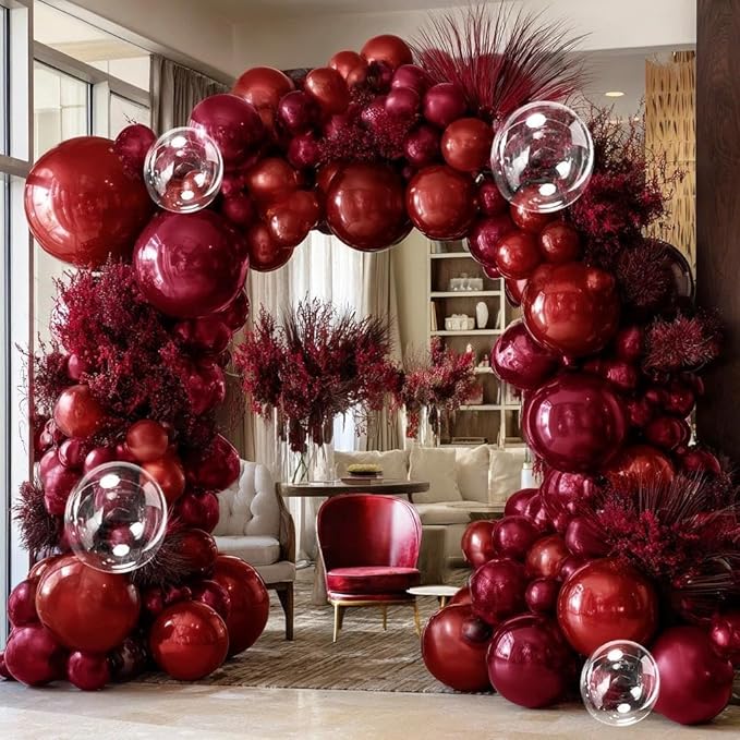 Burgundy Balloon Arch Double Stuffed Dark Ruby Red Balloon Garland Kit Wine Red Maroon Balloons Clear Balloons for Birthday Wedding Bridal Mothers Day Anniversary Engagement Baby Shower Party Decor
