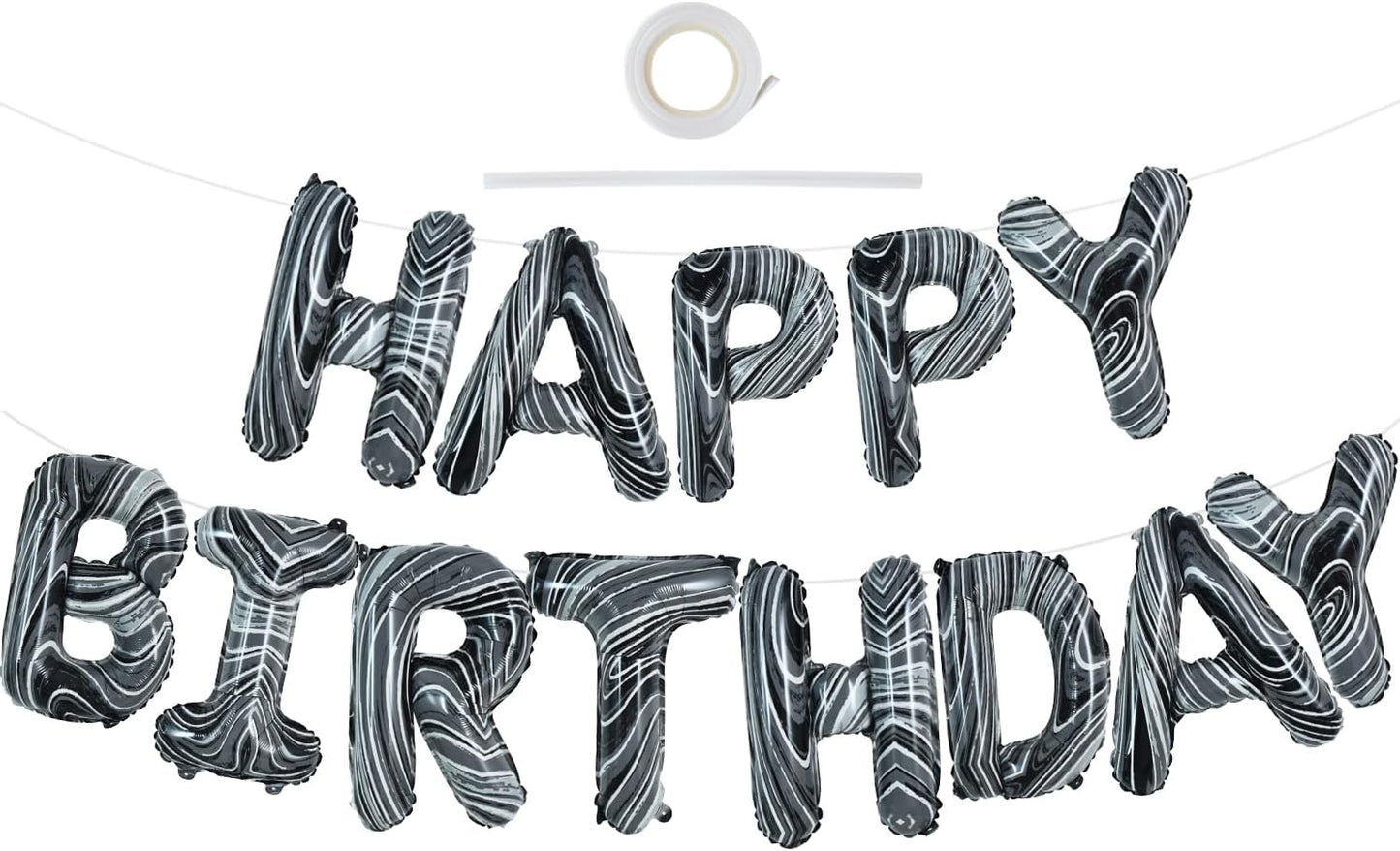 TONIFUL Black Marble Happy Birthday Balloons Banner,16 Inch Mylar Foil Letters Birthday Sign Bunting for Girls Boys Kids & Adults Birthday Decorations and Party Supplies