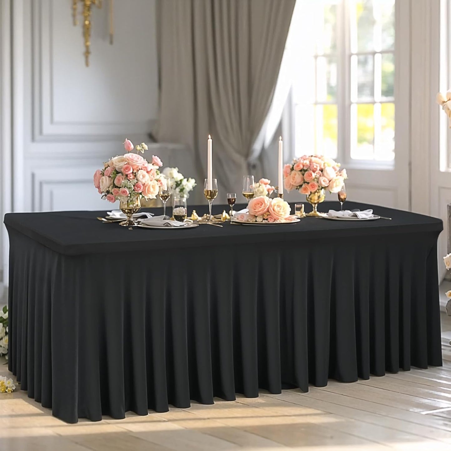 2 Packs Black Spandex Tableclothes for 8 Foot Rectangle Table, Spandex Table Covers 8FT Stretch Table Skirts Wrinkle Free Fitted Table Cover for Event, Wedding, Banquet & Parties