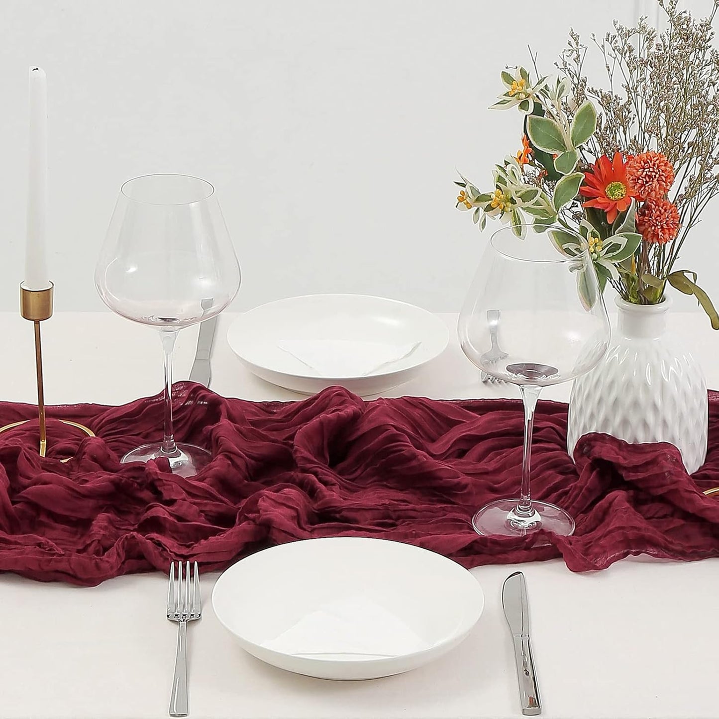 DOLOPL Christmas Table Runner Burgundy Cheesecloth Table Runner 13.3ft Boho Gauze Cheese Cloth Runner Rustic Sheer Runner 160inch Long for Christmas Wedding Bridal Shower Table Decorations