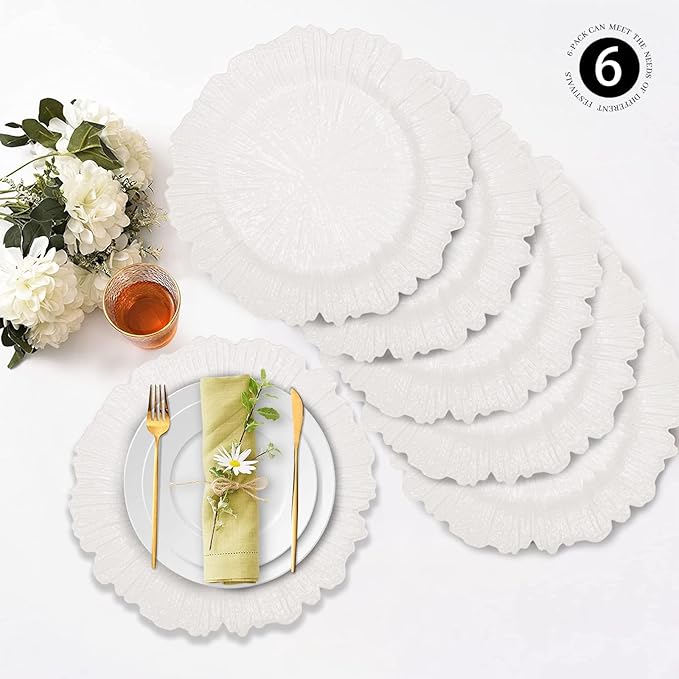 MAONAME Reef White Charger Plates, Plate Chargers for Dinner Plates, Plastic Plate Chargers for Wedding Decor, Thanksgiving, Christmas, Set of 6