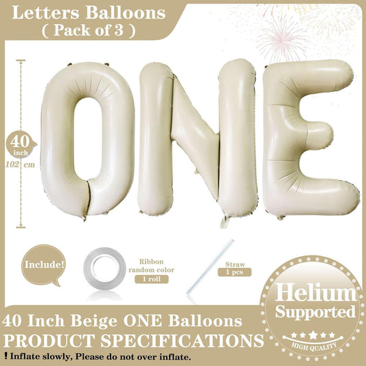 40 Inch Beige One Balloons, Giant Cream White Letters One Balloons Foil Mylar Helium White Letter Balloons for 1st Birthday Party Supplies Baby Shower Anniversary Decorations Alphabet White ONE