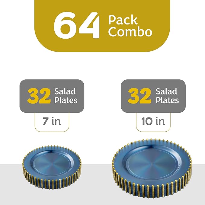 PLASTICPRO 64 Piece Combo Plastic Dinner Plates Disposable Plastic Fancy Heavy Duty Party Dishes 7 inch and 10 inch, Translucent Blue and Gold Beaded