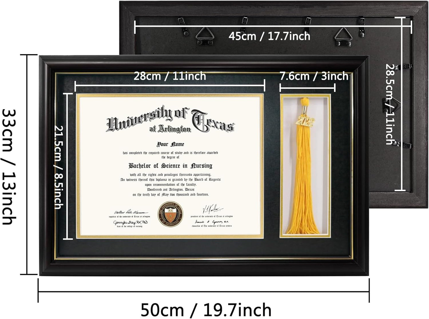 GraduationMall 11x17 Black Wood Diploma Frame with Tassel Holder for 8.5x11 Certificate Document,Real Glass,Black over Gold Mat