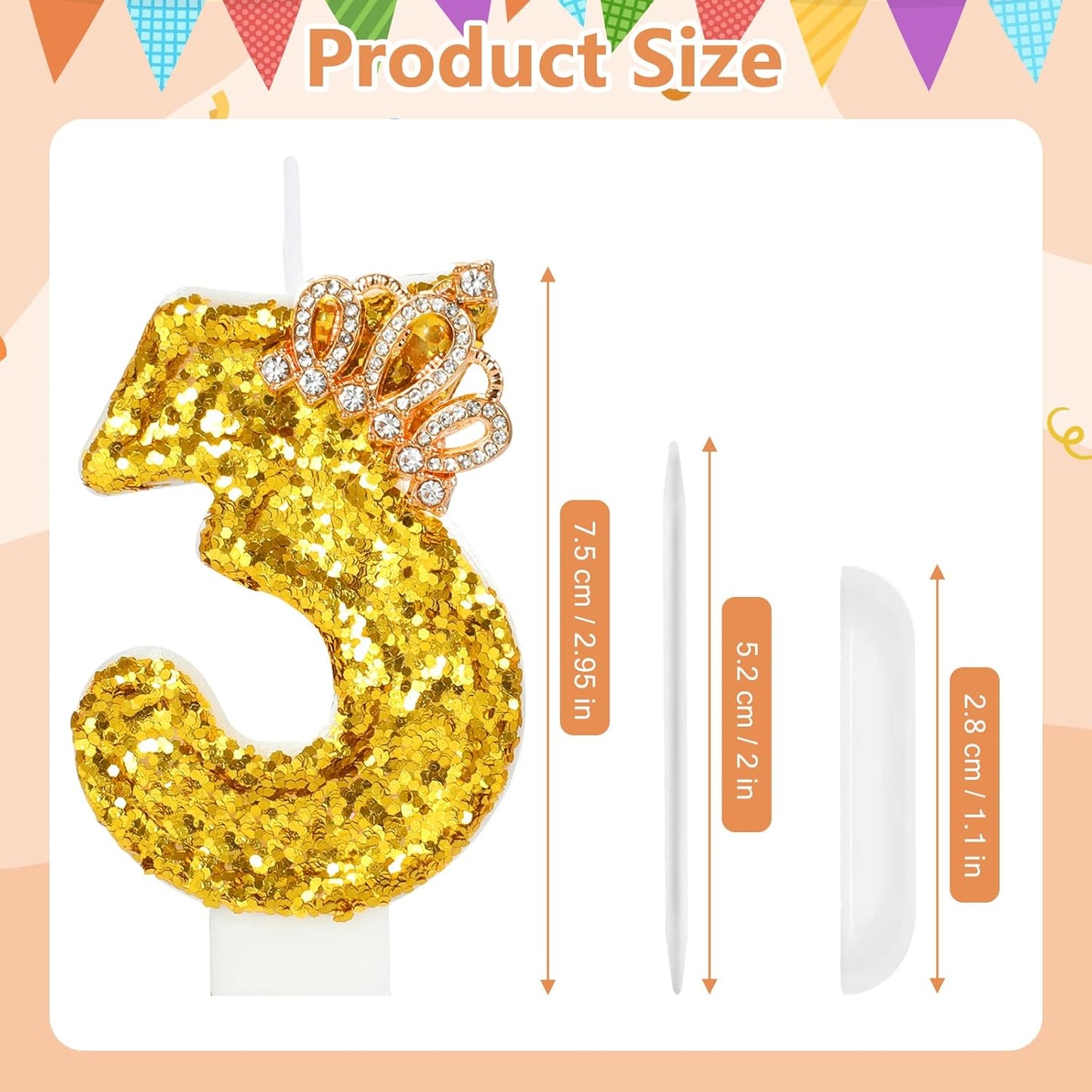 Gold Birthday Candle Crown Number 3 Candle with Sequins Cake Candles Cupcake Decorations Party Decor for Anniversary Celebrations Supplies