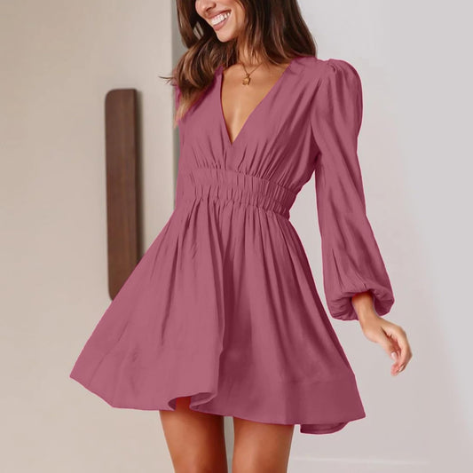 FAIABLE Mini Deep V Sexy Long Sleeve Dress for Women A-line High Waisted Casual Flowy Dress for Cocktail Wedding Guest
