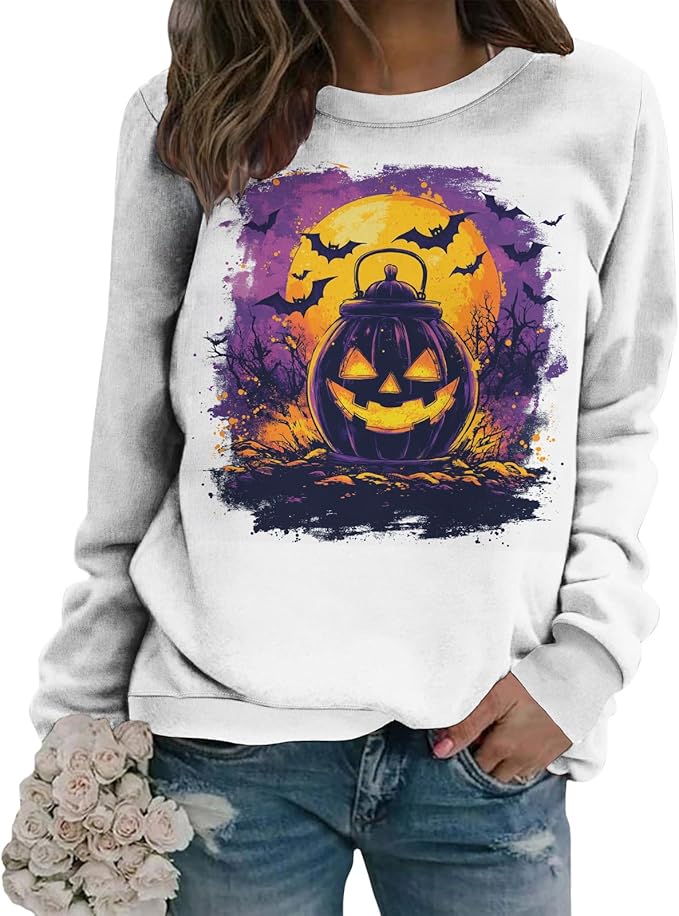 LIZALIG Pullover Cute Sweatshirt Orange Skeleton Fall Festive FunWomens Design Bat Holiday Party Outings Pumpkin Print