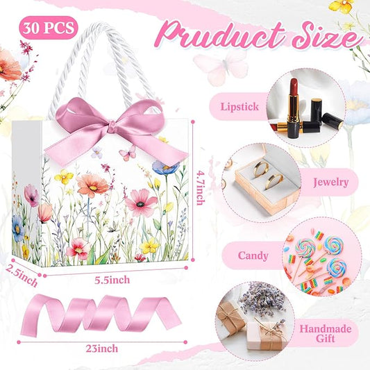 Moinchore 30 Pcs Wildflower Paper Gift Bags Bulk 5.5 x 4.7 x 2.5 in Mini Floral Favor Bags with Handles Bow Ribbon Wrap for Spring Summer Birthday Wedding Home Bridal Shower Garden Supplies