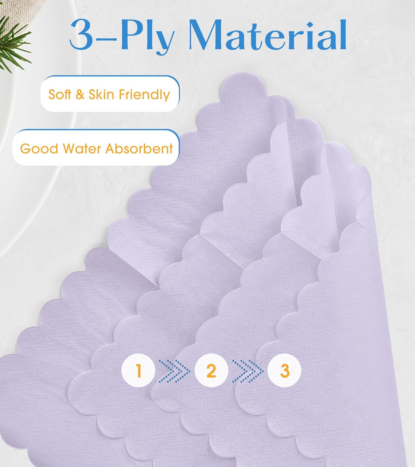 100 Pack Cocktail Napkins, 3-Ply Scalloped Edged Wedding Napkins Folded 5 x 5 Inches Dessert Napkins, Disposable Napkins for Dinner Birthday Party Bridal Anniversary Baby Shower Reception (Purple)