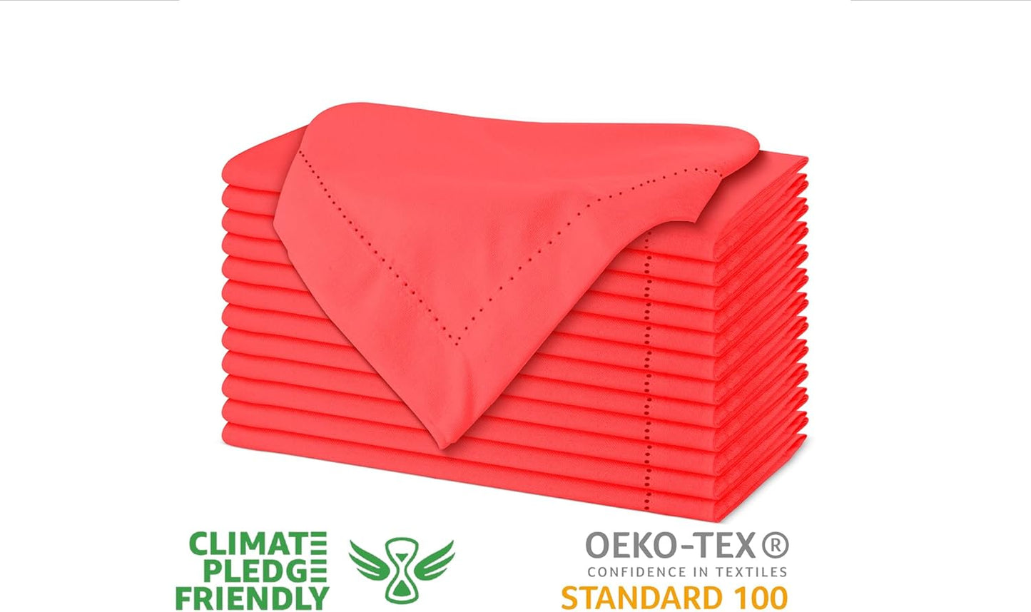 Urban Villa Cloth Napkin Set of 12 Hemstitch Solid Red 20x20 Inches Premium Soft Cotton Highly Absorbent Reusable & Washable Dinner Table Napkins for Home and Weddings
