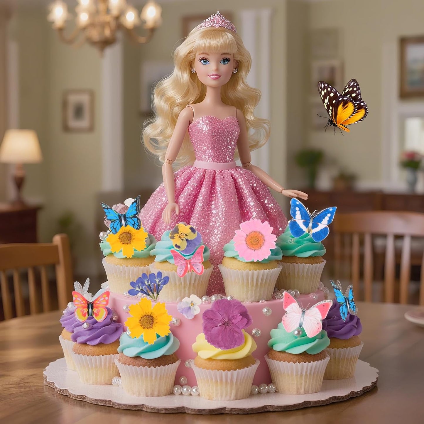 60 PCS Edible Butterfly and Flowers Cake Cupcake Toppers Decoration - Real Flowers & Wafer Butterfly for Wedding Themed Party Birthday Cake Decor Hawaiian Flower,Mixed Size Color