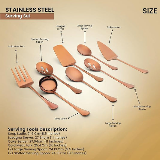 Avador® Premium Set of 8 Stainless Steel Hostess Serving Utensil Tool Set for Weddings | Buffer | Party | Kitchen | Restaurants (Rose Gold Plated)