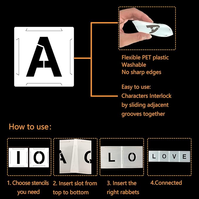 3 Inch Letter Stencils for Painting, 62 Pcs Reusable Plastic Letter Number Stencils, Interlocking Template Kit for Painting on Wood, Wall, Fabric, Rock, Chalkboard, Signage Interlocking Template Kit