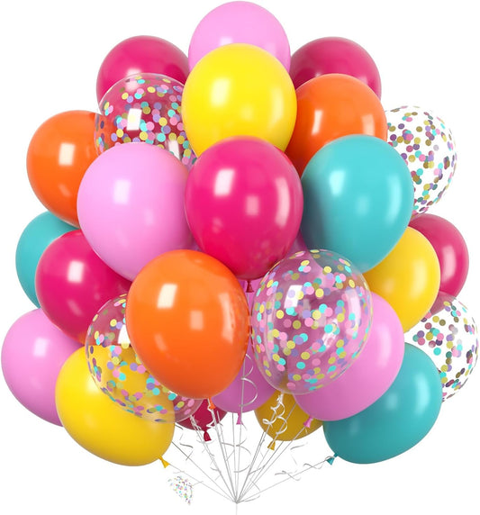Paready Rainbow Balloons Set, 60Pcs Colorful Balloons, 12 Inch Bright Color Yellow Orange Hot Pink Teal Blue Confetti Balloon Helium for Rainbow Wedding Day Birthday Party decorations