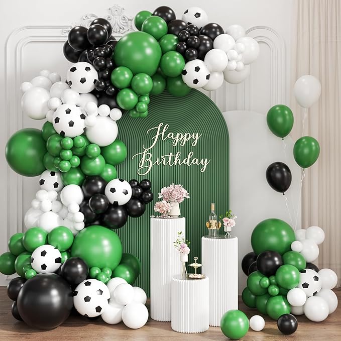 Black Green White Balloon Garland Arch Kit, 167Pcs Latex Balloons Different Sizes for Soccer Ball Theme Birthday Futbol Baby Shower Football Graduation Wedding Party Decorations
