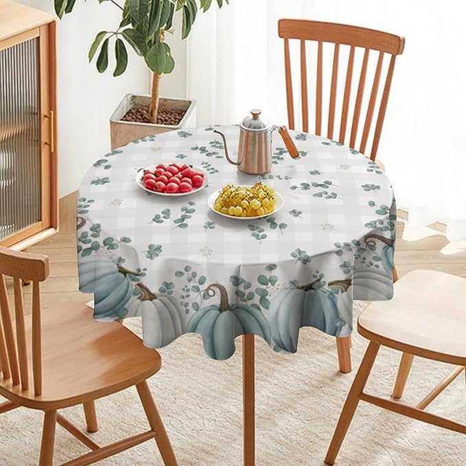 YCness Thanksgiving Pumpkin Tablecloth, Watercolor Eucalyptus Leaves Autumn Harvest Fall Watercolor Blue Gray Grid Table Cover for Party Picnic Dinner Kitchen 70x70 Inch Round