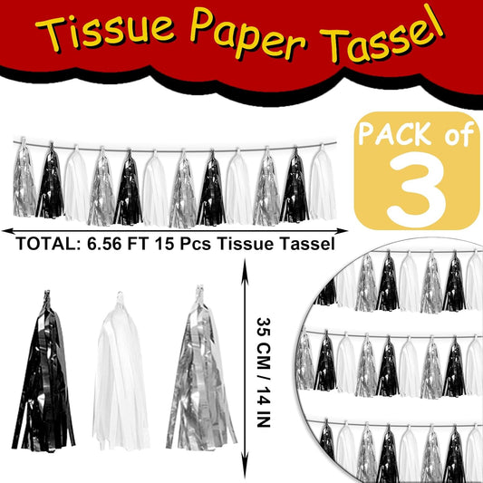 3P Black Silver white Tassel Banner Garland Metallic Foil Fringe Banner Tinsel Tassels Streamer Banner Backdrop for Parade Floats, Graduation Decorations, Halloween, Christmas Decorations