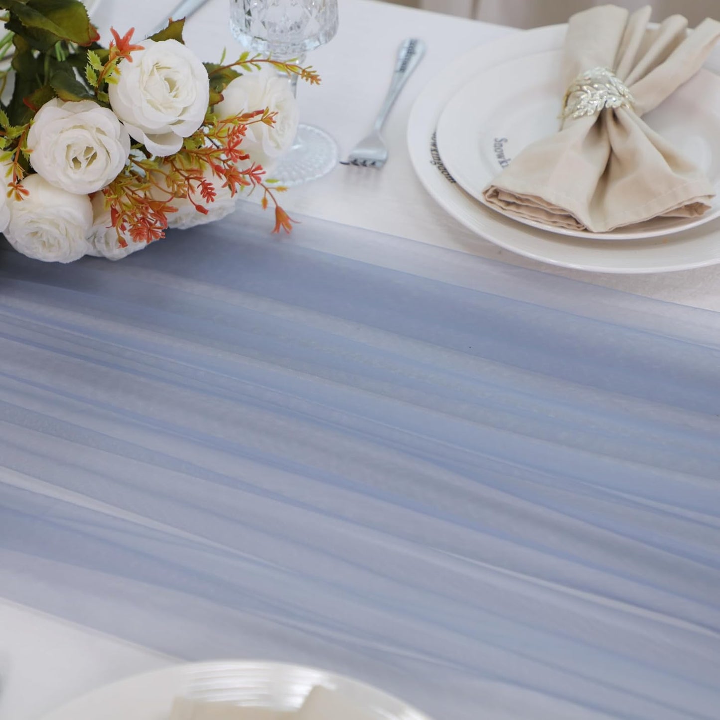 Snowkingdom Dusty Blue Table Runner, 10FT Blue Tulle Cheesecloth Gauze Sheer Boho Rustic Table Runner, Romantic Cheese Cloth for Wedding Party Decorations Christmas Baby Shower Home Decor 120 inch
