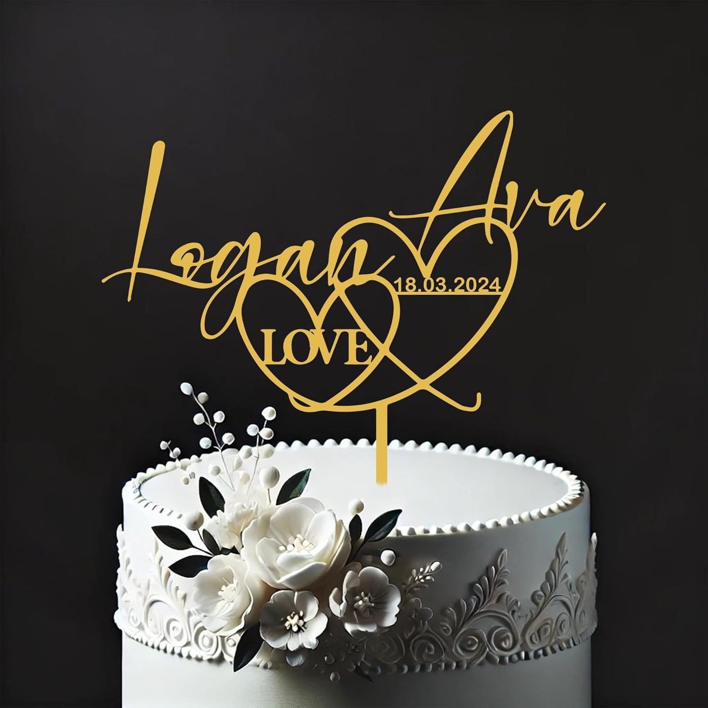 Custom Cake Toppers with Name - Wreath & Heart Design for Couples' Wedding, Engagements & Anniversaries