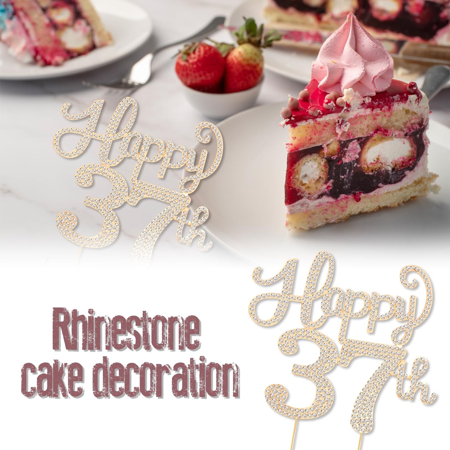 Happy 37th Birthday Decorations,37th Birthday Gold Rhinestone Cake Topper - Cheers to 37 Years Old Bday Party Metal Sparkly Cake Centerpieces Sign.