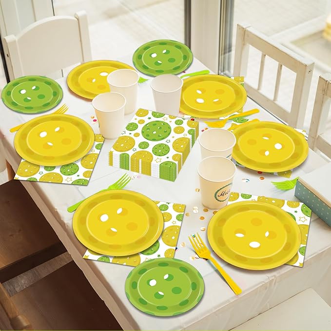 OBUSATT 96Pcs Pickleball Party Decorations Pickleball Birthday Party Plates and Napkins Supplies Disposable Dessert Tableware for Pickle Ball Birthday Baby Shower Serve 24, colourful