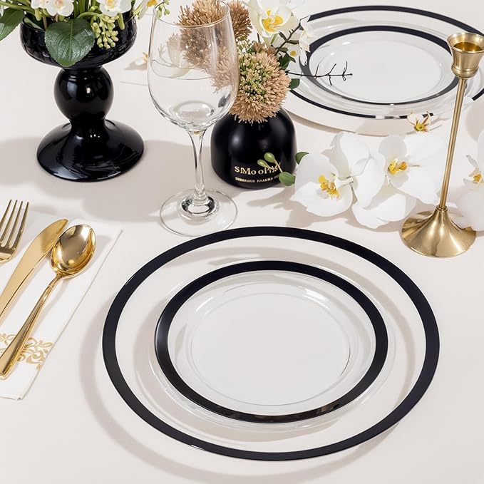 supernal Elegant Disposable Plates, 120-Pack Black Plastic Plates, Clear and Black Heavy Duty BPA-Free Plastic Dinnerware Set for 60 Guests Perfect for Wedding, Upscale Parties & Catering