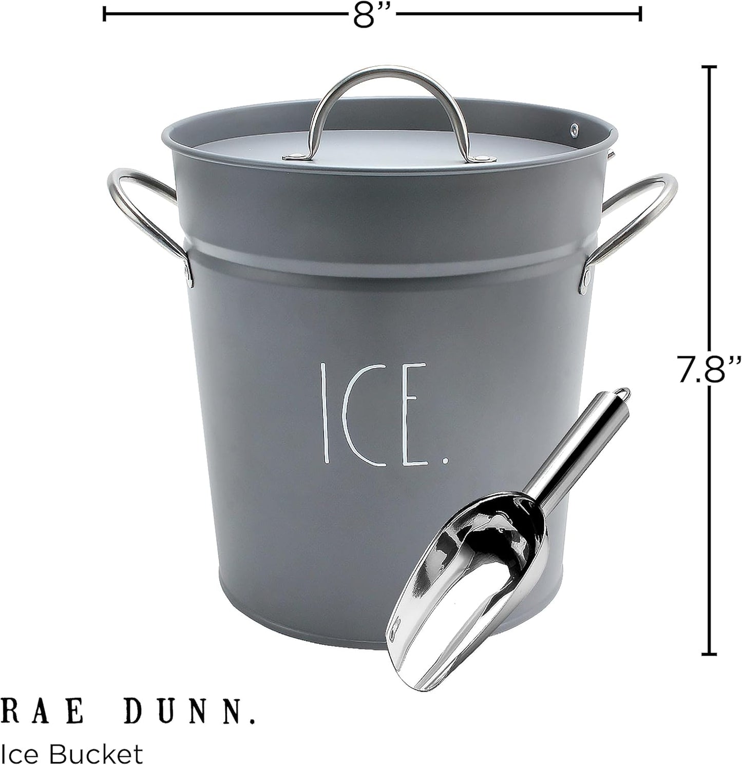 Rae Dunn Ice Bucket with Scoop - Stainless Steel Bucket with Handle, Lid and Ice Scooper - 4 Qt. Storage Bin for Ice Cubes for Bars, Parties, Backyard Barbeques, Picnics, and Camping (Grey)