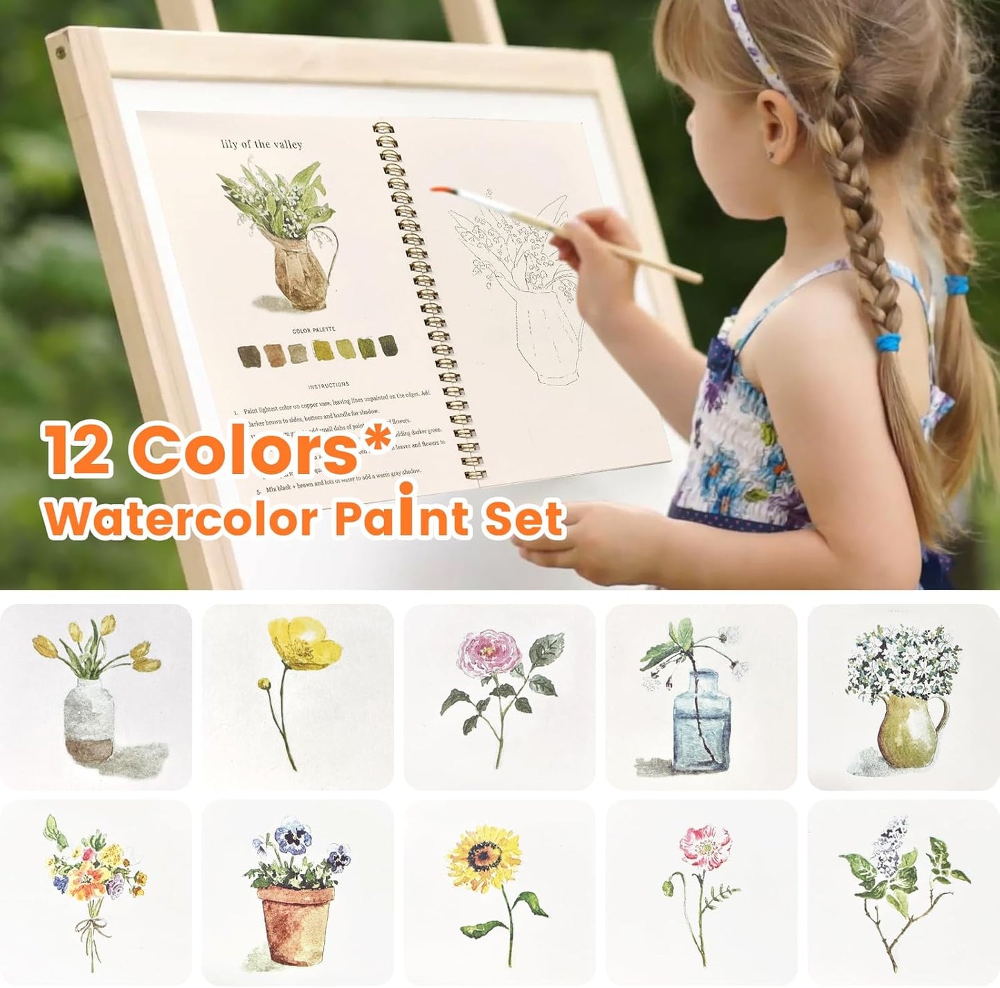 Watercolor Workbook, Water Coloring Book,Watercolor Paint Set, Beginner-Friendly Watercolor Workbooks, with 12 Colors Watercolor Paint Set with Paint Brush - Christmas Gift（Flower B）