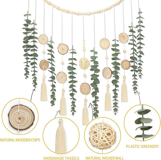 Artificial Eucalyptus Wall Decor with Wicker Ball Natural Boho Home Decorations Hanging Wooden Bead Garland for Large Bedroom Bathroom Living Room, 32 x 32 Inch