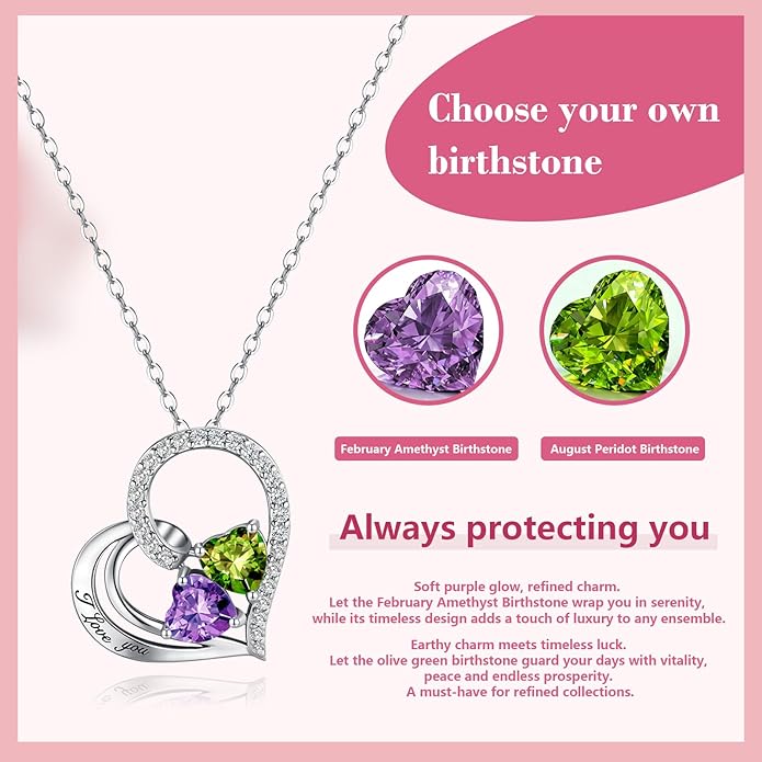 Double Birthstone Heart Necklace 0.8CT Dual-Gemstone S925 Sterling Silver Plated White Gold Engraved I Love You Perfect Anniversary/Valentine's Day Gift for Wife/Girlfriend/Mom/Daughter