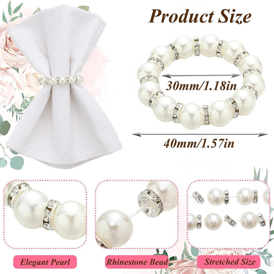 DaMohony 100pcs Pearl Napkin Rings, Silver Elastic Stretched Serviette Rings Buckle, Imitation Serviette Beaded Napkin Rings for Wedding Party Dining Table Decor