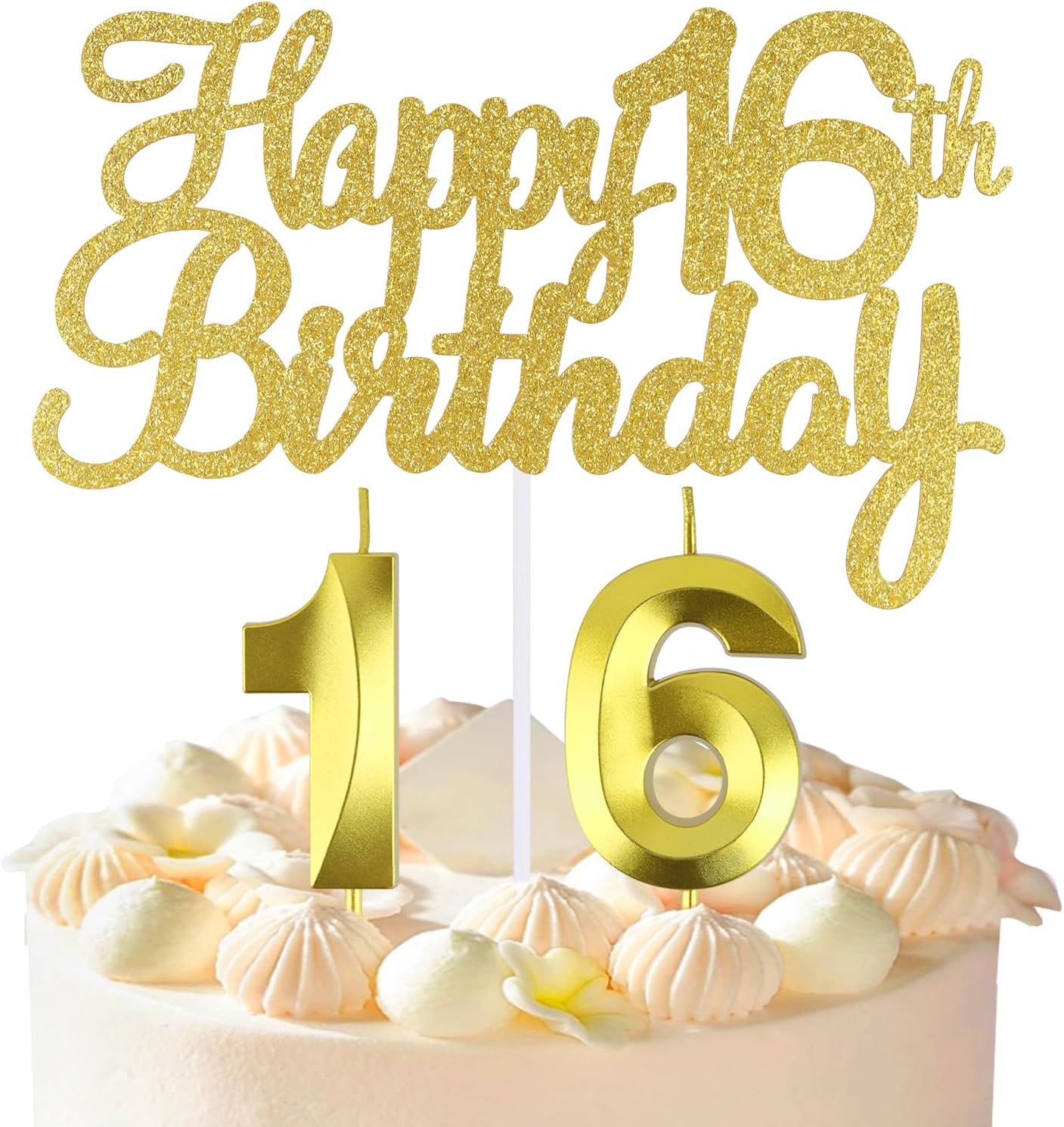 Happy 16th Birthday Cake Topper + 16 th Birthday Candles, 16 Cake Topper, Gold Number 16 Candles, Happy 16th Birthday Cake Decorations, 16 Birthday Decorations for Boys and Girls (16)