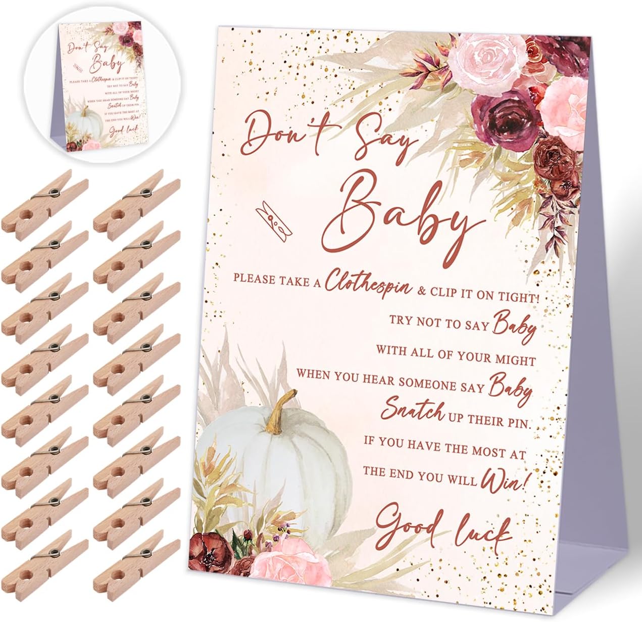 Don't Say Baby Baby Shower Game,Pampas Grass Boho Baby Shower Decorations,Rustic Baby Shower Decorations,Neutral Baby Shower Decorations,Baby Shower Game Ideas,1 Sign & 50 Mini Clothespins Set-B16