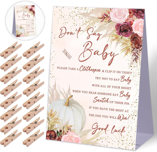 Don't Say Baby Baby Shower Game,Pampas Grass Boho Baby Shower Decorations,Rustic Baby Shower Decorations,Neutral Baby Shower Decorations,Baby Shower Game Ideas,1 Sign & 50 Mini Clothespins Set-B16