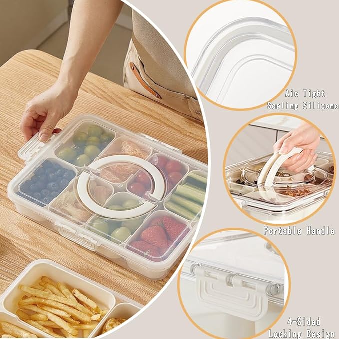 Snackle Box Container,8 Compartment Divided Serving Tray with Lid and Handle,6 Fruit Forks,Dishwasher Safe, BPA-Free,reusable snack containers with lids for Fruits,Nuts,Candy,Party,Picnic