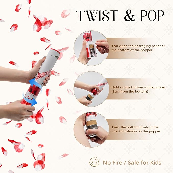 Rose Petal Confetti Cannon 12 Pack, 12" Biodegradable Red Flower Petal Party Poppers for Wedding Aisle, Proposal, Engagement, Anniversary & Bridal Shower Celebrations