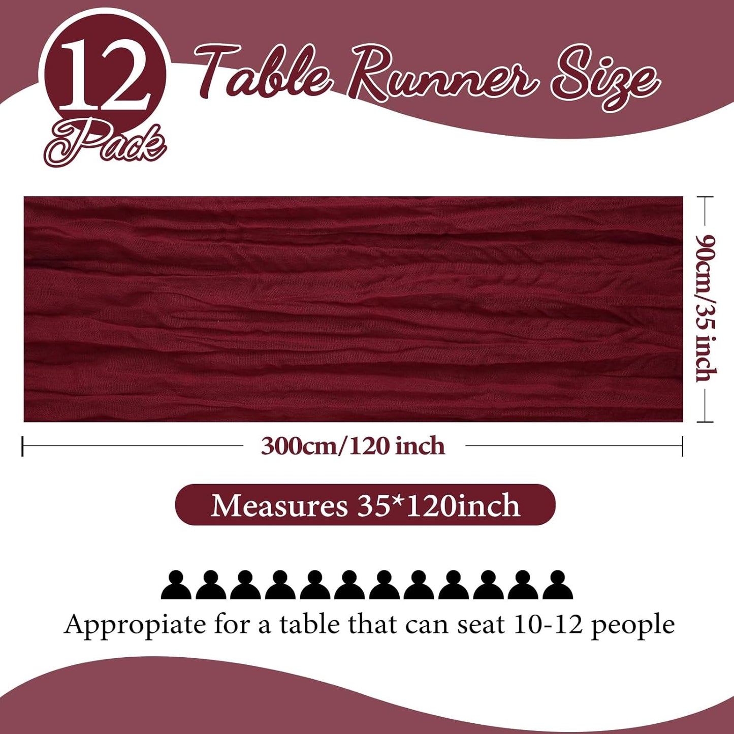 12 Pack 10FT Burgundy Christmas Cheesecloth Table Runner Table Runner 35x120 Inch Gauze Rustic Boho Cheese Cloth for Thanksgiving Wedding Decor Birthday Party Baby Shower Centerpiece Decoration