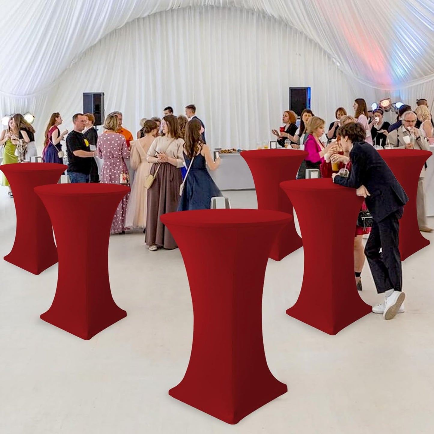 Cocktail Table Covers-Spandex Round High Top Table Cloths 6 Pack 32x43 Inch-Red Stretch Fitted Bar Tall Tablecloth for Pub Bistro Highboy Party Event Banquet Height Folding Satnding Tables