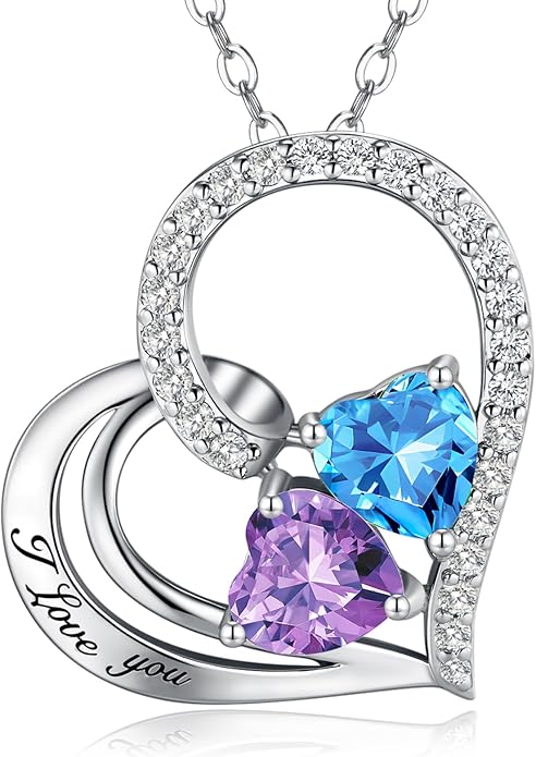 Double Birthstone Heart Necklace 0.8CT Dual-Gemstone S925 Sterling Silver Plated White Gold Engraved I Love You Perfect Anniversary/Valentine's Day Gift for Wife/Girlfriend/Mom/Daughter