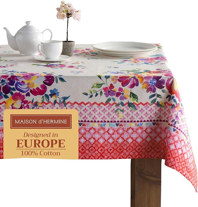 Maison d' Hermine Table Cloth Square Table 100% Cotton 54 x 54 Inches Tablecloth Reusable Decorative for Dining Room Farmhouse Home Valentines Day Decorations Spring Summer - Rose Garden