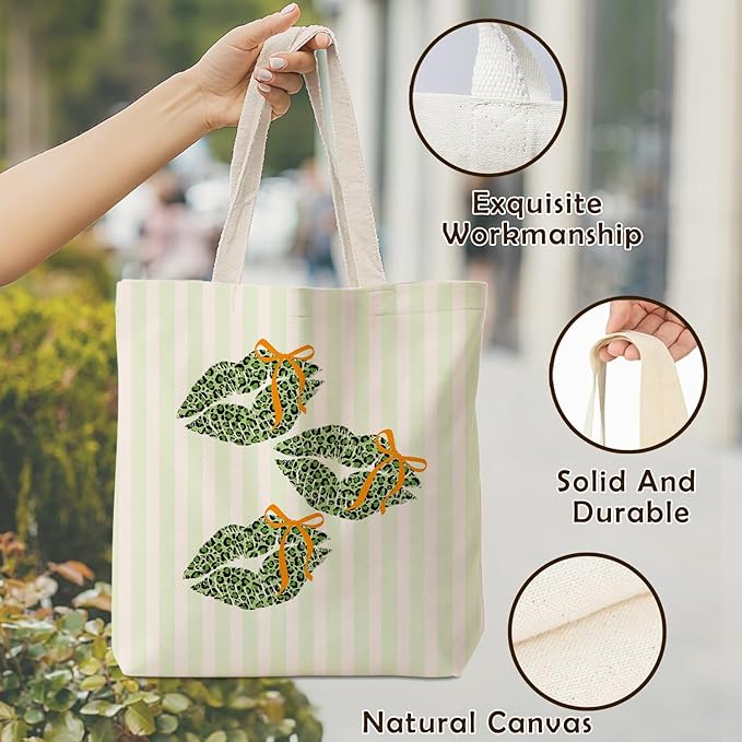 Coquette Bow Green Leopard Lip Tote Bag for Women,Trendy Cheetah Print Canvas Tote Bag for Girls,Girly Leopard Lip Print Aesthetic Reusable Shopping Grocery Bags Party Favors