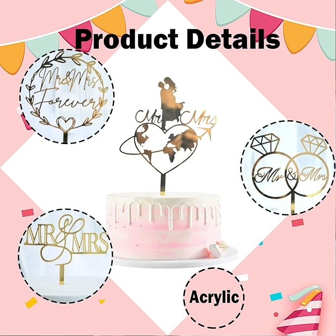 8Pcs Gold Mr & Mrs Acrylic Cake Topper Mirror Acrylic Wedding Cake Decoration for Wedding Engagement Anniversary Cake Decor Supplies