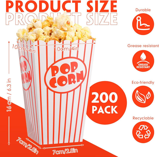 200 Pack Movie Night Popcorn Boxes Paper Popcorn Bucket Red and White Striped Container Vintage Retro Bags for Party 6.3 Inch Tall Holders for Carnival Circus Party
