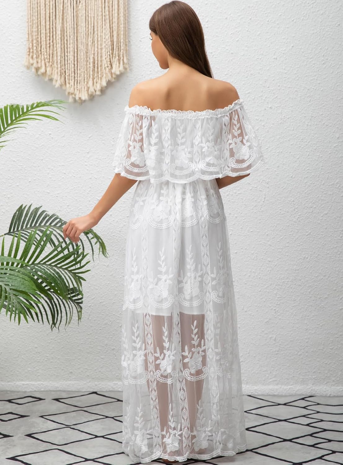 HOYISHION Women's Off The Shoulder Floral Lace Maxi Dress White Bridesmaid Wedding Party Maternity Photoshoot Long Dresses
