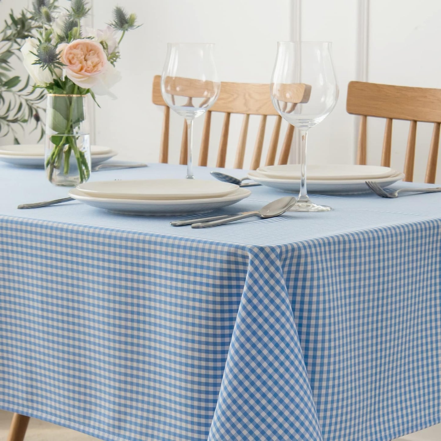 maxmill Checkered Square Tablecloth Waterproof Spillproof Wrinkle Resistant Heavy Weight Soft Gingham Dining Room, Kitchen Table Cloth for Picnic Dinner and Party, 60 x 60 Inch Light Blue White