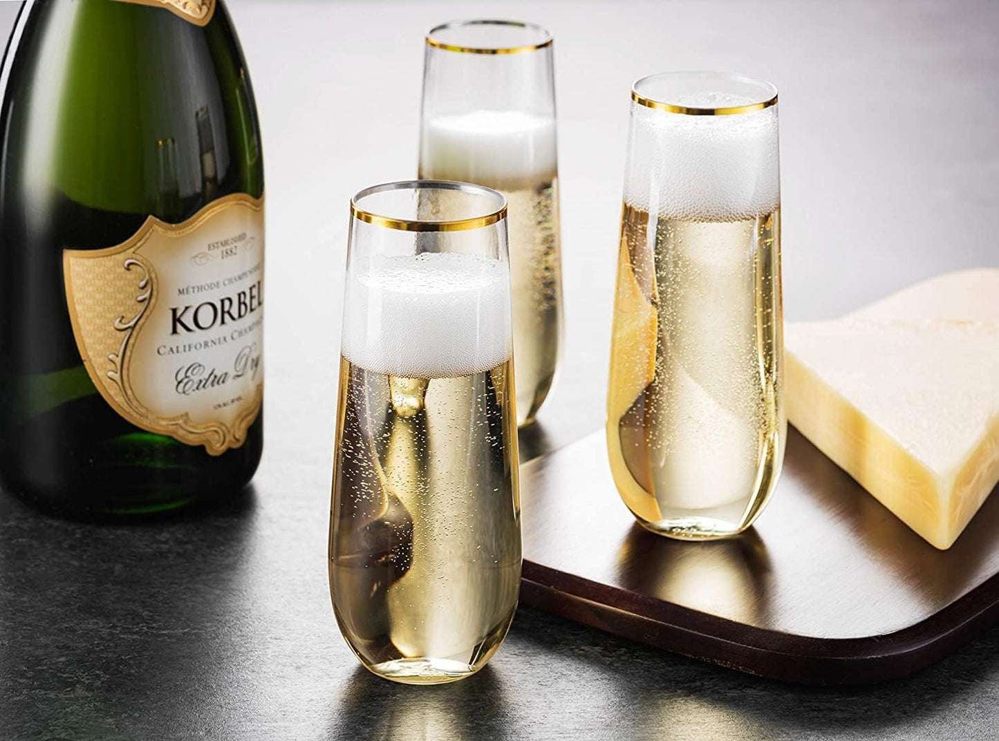 Munfix 12 Pack Stemless Plastic Champagne Flutes, Disposable 9 Oz Gold Rim Clear Plastic Toasting Glasses Shatterproof Recyclable and BPA-Free