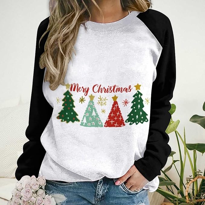 LOAIHA Christmas Sweatshirts for Women Christmas Tree Graphic Shirt Xmas Long Sleeve Merry Christmas Pullover Blouse
