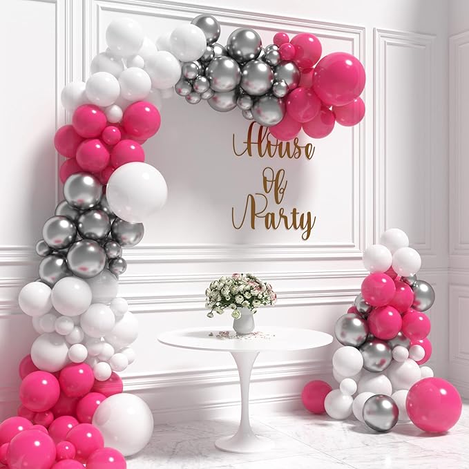 HOUSE OF PARTY Pink Party Decorations - Pink White Silver Balloon Arch Kit 18/12/10/5 Inch | Backdrop for Valentines, Bachelorette, Gilrs, Women Birthday Party Decorations