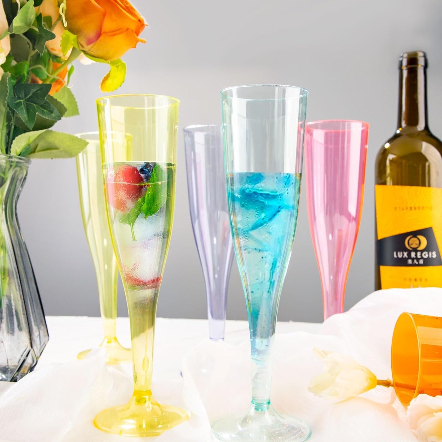 WDF 36 Pack Colorful Plastic Champagne Flutes - 7OZ Colorful Champagne Flutes Plastic Party Supplies, Pink, Yellow, Green, Blue, Purple, Orange Champagne Glasses 6 Pieces Each for Party
